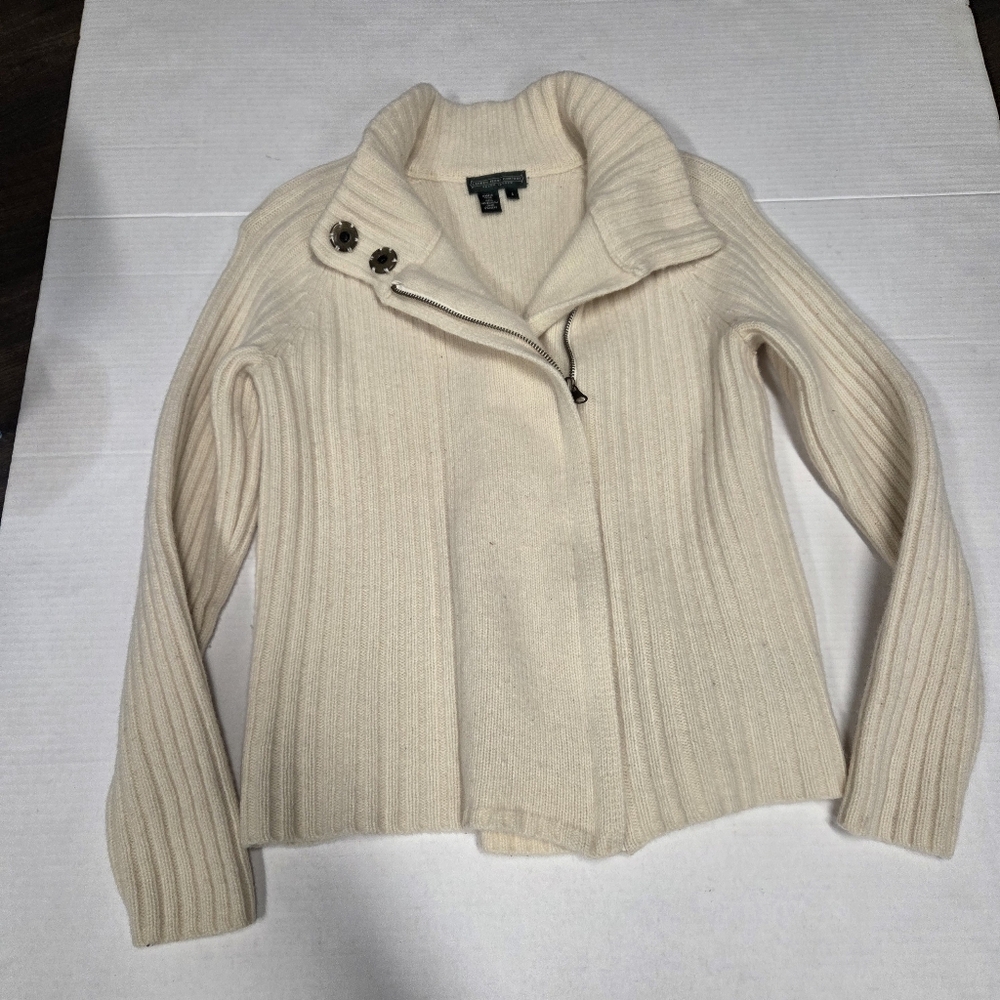 Lauren Ralph Lauren Cream Full Zip Neck Buttons Sweater 100% Lambs Wool Size S